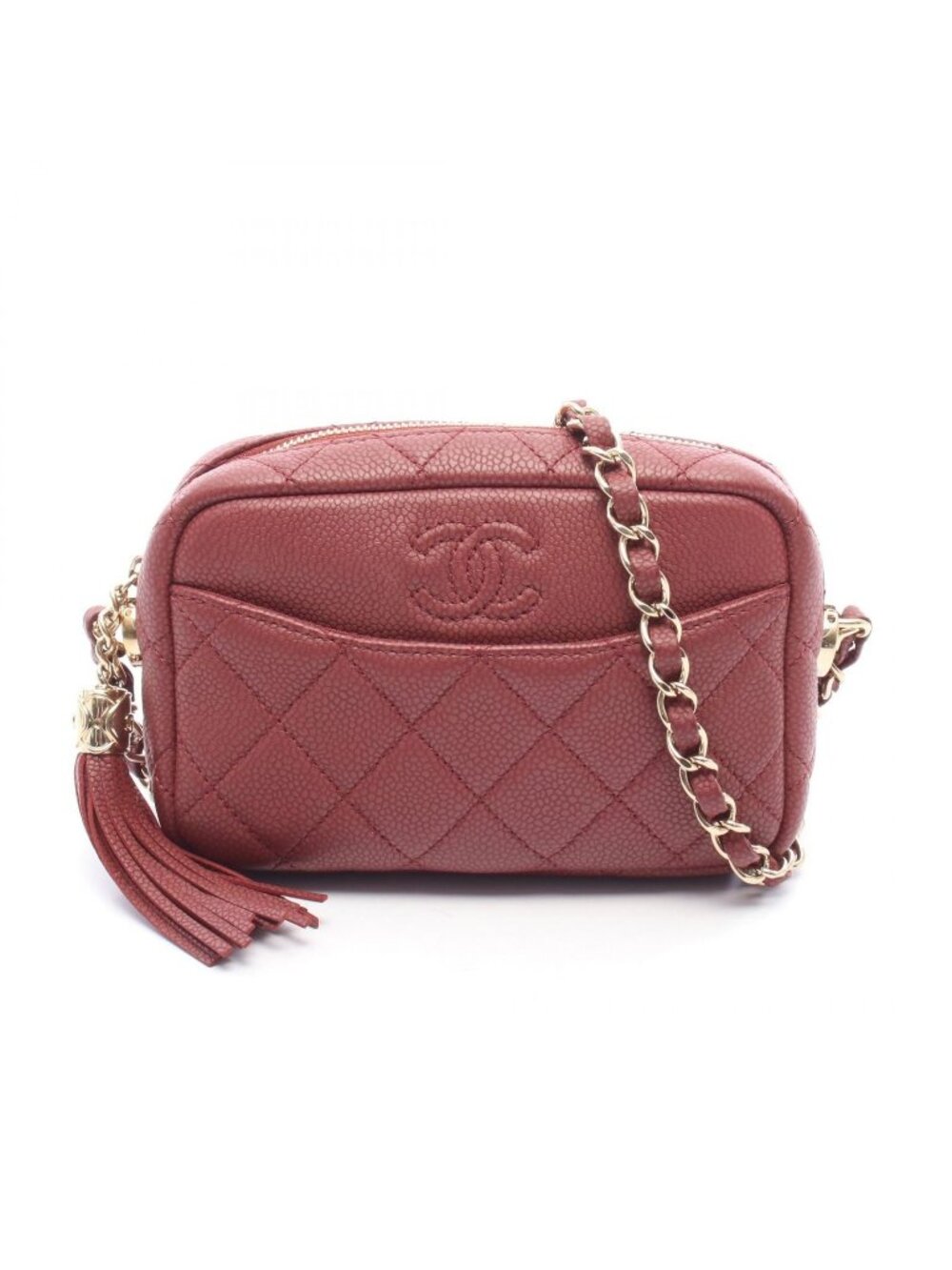 Chanel Shoulder Bag CC Logo Quilted Tassel Bordeaux Caviar Leather Chain